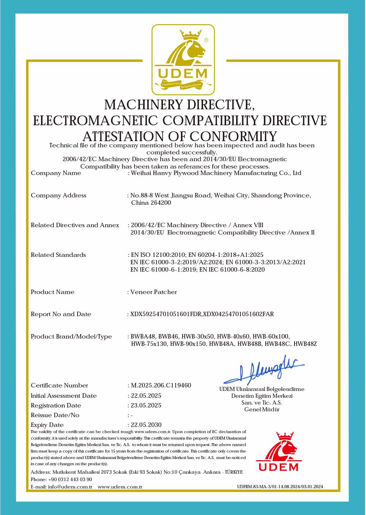 CE Certificate of Compliance - Hot Press & Auxiliary